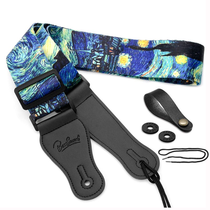 BestSounds Van Gogh Starry Night Guitar Strap Includes Strap Button & 2 Strap Locks, Adjustable Guitar Shoulder Strap For Bass, Electric & Acoustic Guitar, Best Gift for Men Women Guitarist - Image 1